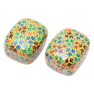 Lovely Chinar,'Leaf Motif Papier Mache and Wood Decorative Boxes (Pair)'