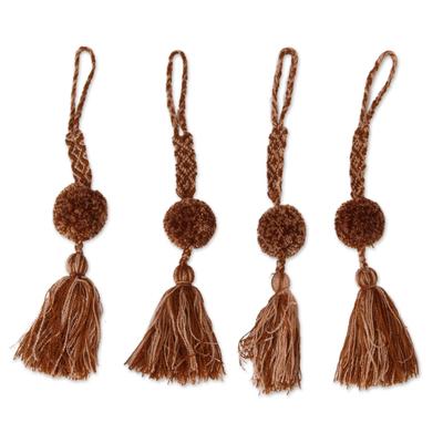 Spiced Latte,'Handcrafted Spice Brown Cotton Pompom Tassels (Set of 4)'