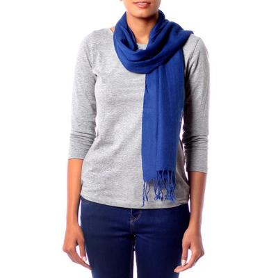 Wool scarf, 'Kashmiri Diamonds in Lapis'