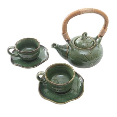 Honeymoon Tavern,'Green Ceramic and Bamboo Tea Set for Two (5 Pcs)'