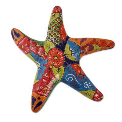 'Hand-Painted Talavera-Style Ceramic Starfish Wall Sculpture'