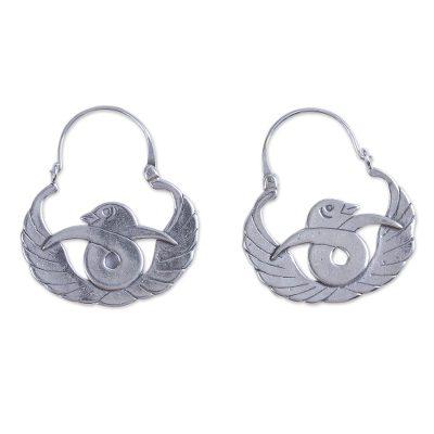 Gracious Birds,'Bird-Themed Sterling Silver Hoop Earrings from Mexico'