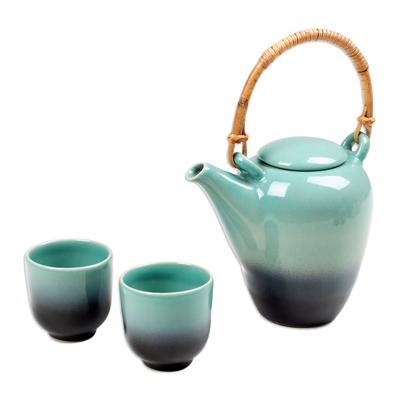 Lagoon Tea,'Ceramic and Bamboo Tea Set in Turquoise and Black (3 Pieces)'
