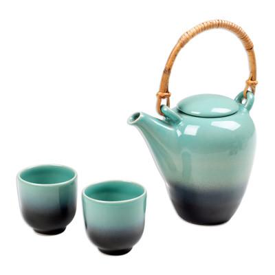 Lagoon Tea,'Ceramic and Bamboo Tea Set in Turquoise and Black (3 Pieces)'