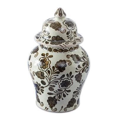 Brown Crosshatch Blossoms,'Beige & Brown Handmade Talavera Style Decorative Ginger Jar'