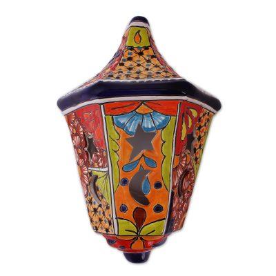 Cosmic Floral,'Hand-Painted Talavera Ceramic Wall Sconce from Mexico'