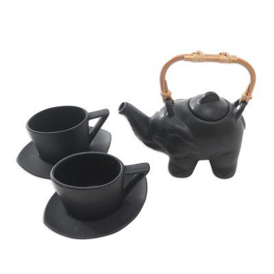 Tea with Elephants,'Black Ceramic and Bamboo Eleph...