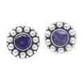 Purple Fancy Flower,'Amethyst Button Earrings with Sterling Silver Beads'