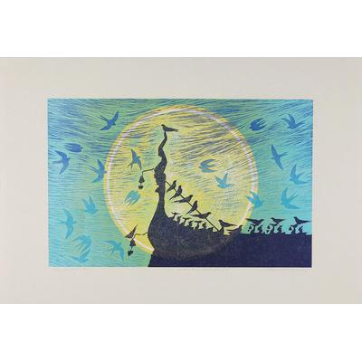 Under the Moonlight II,'Buddhist Nature Theme Thai Woodcut Print'