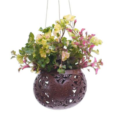 Tropical House in Bloom,'Artisan Crafted Coconut Shell Hanging Planter'