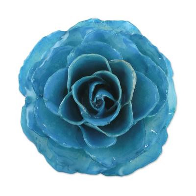 Rosy Mood in Azure,'Artisan Crafted Natural Rose Brooch in Azure from Thailand'