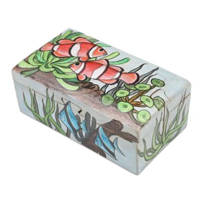 Secret Ocean,'Hand-Painted Suar Wood Decorative Box with Marine Scene'