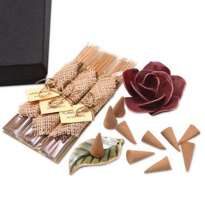 Burgundy Rose,'Incense and Ceramic Holders Gift Se...