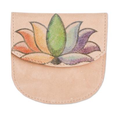 Rainbow Lotus,'Handcrafted Printed Lotus Leather Coin Purse from Costa Rica'