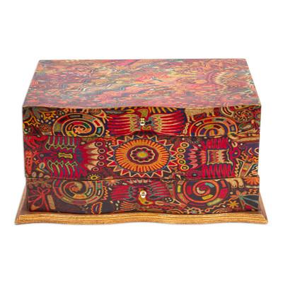 Huichol Enchantment,'Huichol Theme Decoupage on Pinewood Jewelry Box with 3 Decks'