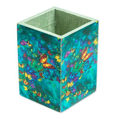 Paradise Butterflies,'Pine Wood Pencil Holder with Decoupage Butterflies'