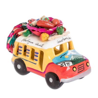 Red and Yellow Old Time Bus,'Red and Yellow Ceramic Mini Bus Figurine from Guatemala'