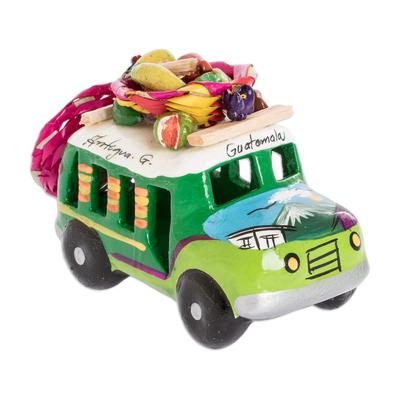 Green Old Time Bus,'Two Tone Green Ceramic Bus Figurine from Guatemala'