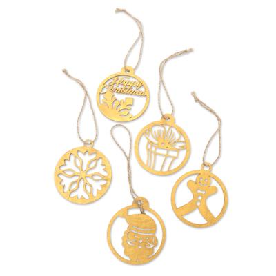 'Gold-Toned Ornaments with Natura Fiber Cords (Set of 5)'