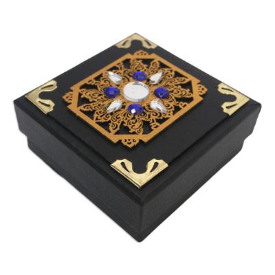 Blue Sunrise,'Traditional Black Decorative Box with Blue Beads and Mirrors'