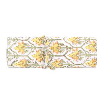 'Cotton Roll Pencil Case with Hand-Block Printed Floral Motif'
