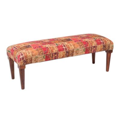 Red Palace,'Floral Red and Brown Cotton and Acacia Wood Ottoman'