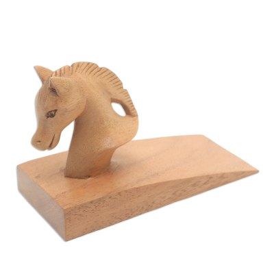 Handy Horse in Brown,'Hand Carved Suar Wood Horse Door Stopper in Brown from Bali'