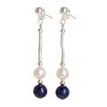 Azure and Ivory,'Cultured Pearl and Lapis Lazuli Dangle Earrings with Silver'
