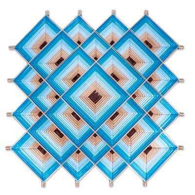 Blue Divinity,'Pine Wood Handwoven Blue Wall Art with Geometric Motifs'