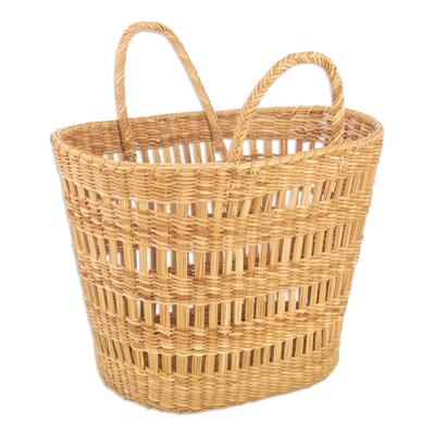 Woven Treasure,'Handwoven Natural Rush Fiber Basket with Handles'