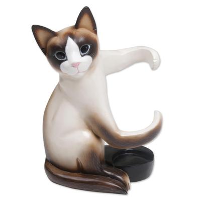 Cat Hug,'Artisan Handcrafted Wood Cat Wine Holder from Bali'