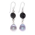 Smoky Campfire,'Thai Onyx and Cultured Pearl Dangle Earrings'