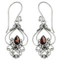 Crimson Arabesque,'Ornate Garnet and Sterling Silver Dangle Earrings'