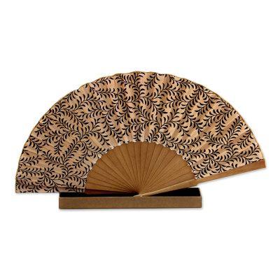 Silk batik fan, 'Black Fern'