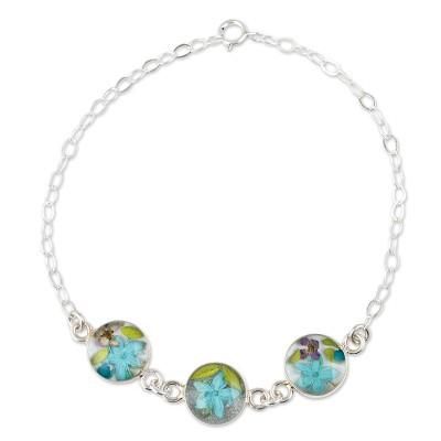 Turquoise Trio,'Blue Resin and Flower Pendants on a Sterling Silver Chain'