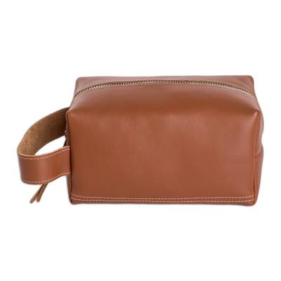 Glamorous Assist,'Handcrafted Brown Leather Cosmetic Bag with Zipper Closure'