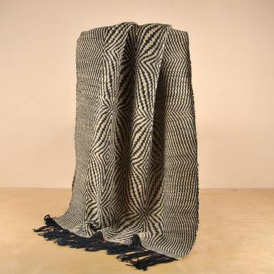 'Hand-Woven Wool Throw in Blue Black and Ivory fro...