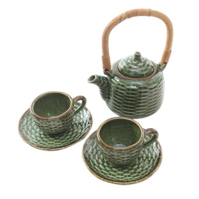 Traditional Tea,'Ceramic and Bamboo Tea Set for Tw...