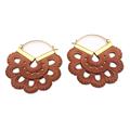 Autumn Bloom,'Gold-Accented Floral-Motif Carved Wood Hoop Earrings'