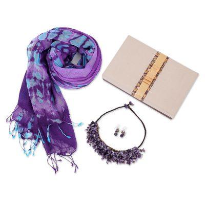 Violet Spring,'Thai Purple Cotton Scarves with Gemstone Jewelry Set'