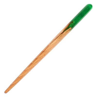 'Natural Fiber Hair Pin with Hand-Painted Green Resin Accent'
