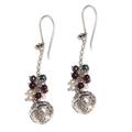 Flower Chime,'Floral Sterling Silver Earrings with Garnets and Pearls'