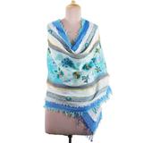 Floral Whispers,'Hand-Embroidered Wool and Cotton Blend Shawl in Blue'