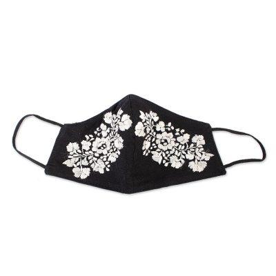 Flower Garden in Ivory,'Reusable and Washable Black Cotton Floral Face Mask'