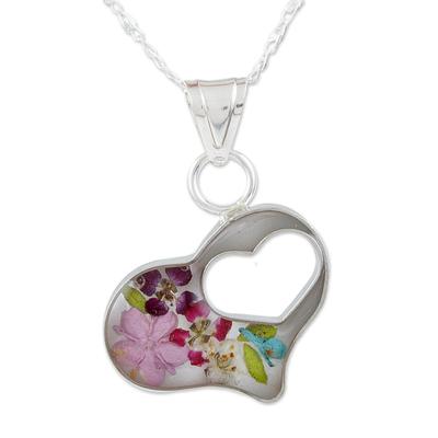 Pink Flowered Heart,'Clear Resin Double Heart Sterling Silver Pendant Necklace'