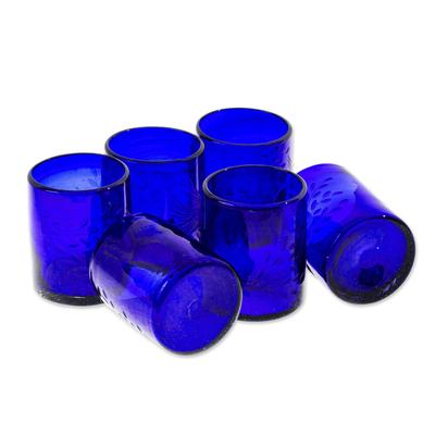 Paloma Azul,'Blue Etched Hand Blown Juice Glasses (Set of 6)'