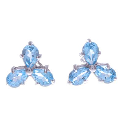 'Clover-Themed Button Earrings with Two-Carat Blue Topaz Gems'