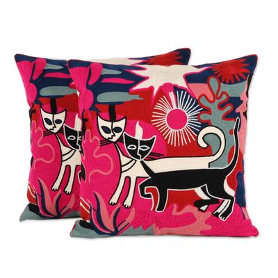 Cats at Sunset,'Cat Embroidered Cotton Cushion Cov...