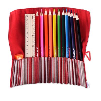 Creative Crimson,'Wooden Colored Pencil Set and Red Cotton Roll Case'