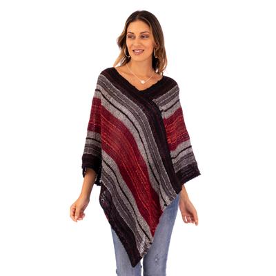 Reds and Grays,'Poncho Handmade from Baby Alpaca Blend in Peru'